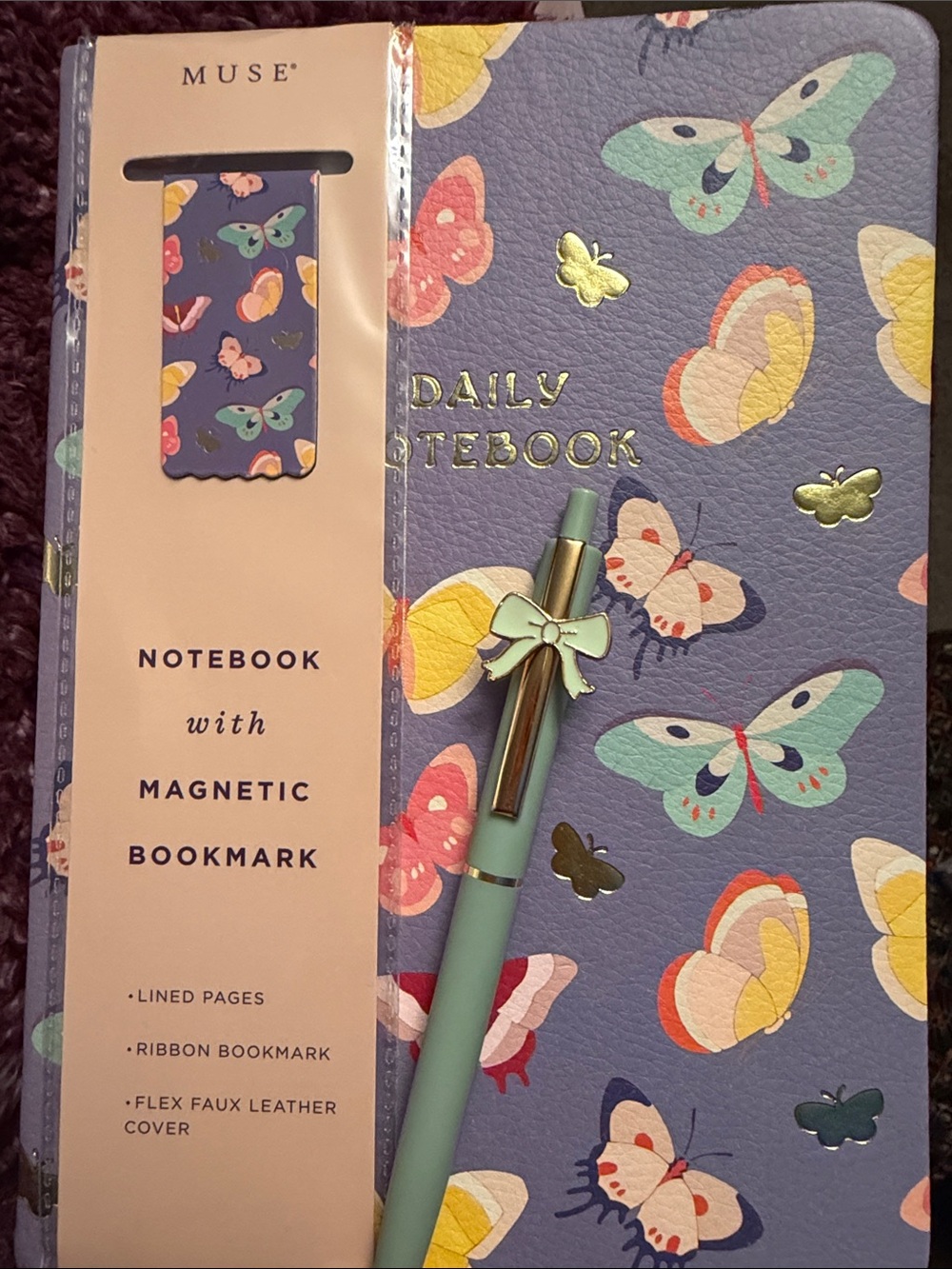 Muse “Butterfly Lavender” Daily Notebook with Mint Bow Pen. 272 lined pages.